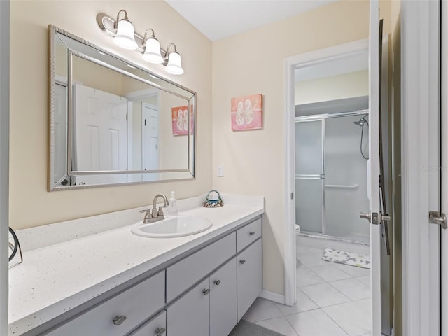 bathroom featuring vanity, tile patterned floors, toilet, and walk in shower