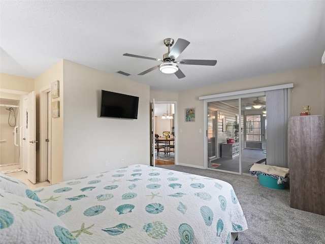 bedroom with ceiling fan, carpet, and access to outside