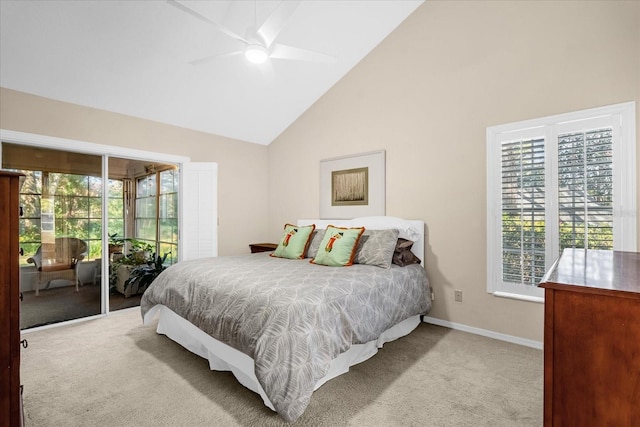 bedroom featuring ceiling fan, light colored carpet, and high vaulted ceiling