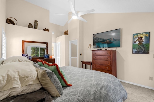 bedroom with carpet, high vaulted ceiling, and ceiling fan