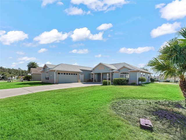 single story home with a front yard, an attached garage, driveway, and stucco siding