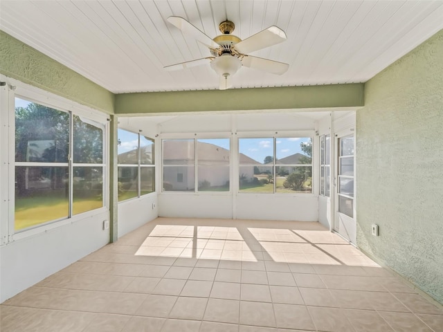 unfurnished sunroom with wood ceiling and ceiling fan