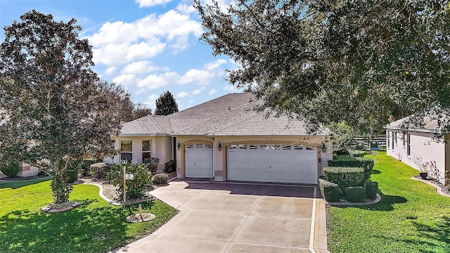 ranch-style house featuring a garage and a front lawn