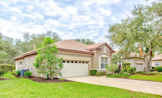 mediterranean / spanish-style house featuring cooling unit and a front lawn