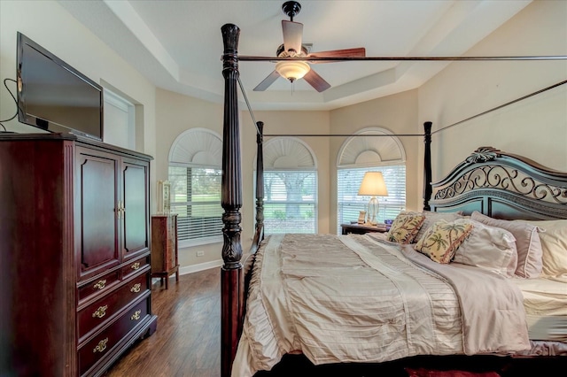 bedroom featuring dark wood-type flooring, ceiling fan, and a tray ceiling