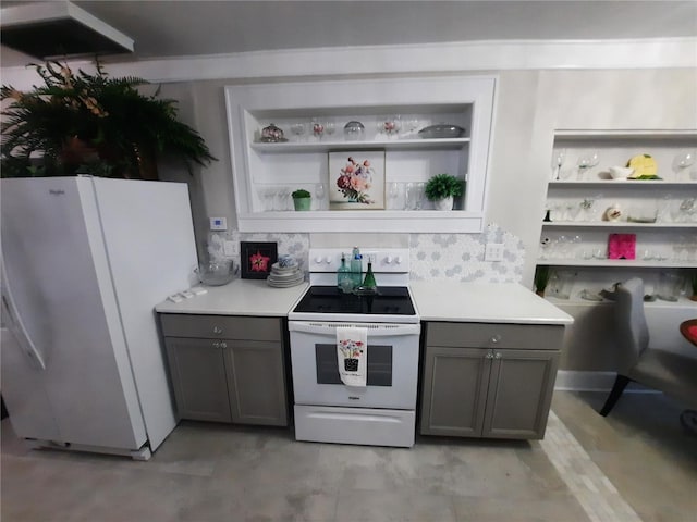 kitchen featuring backsplash, white appliances, and gray cabinets