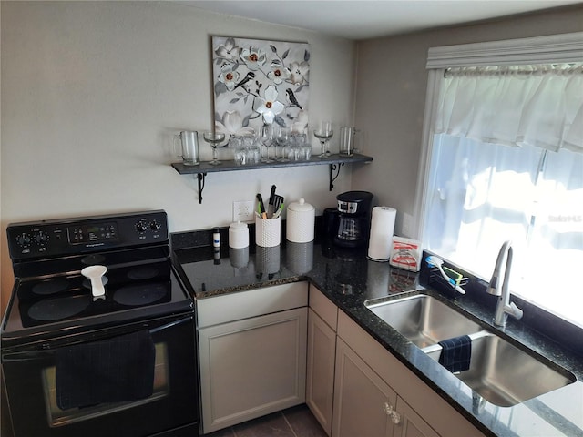 kitchen featuring dark stone countertops, black electric range oven, and sink