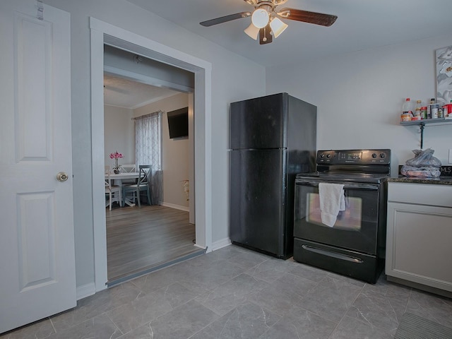 kitchen featuring white cabinets, ceiling fan, and black appliances