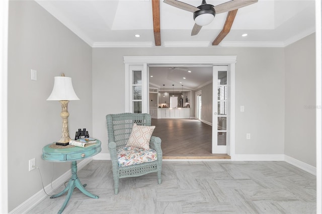 sitting room with ornamental molding, recessed lighting, a ceiling fan, and baseboards