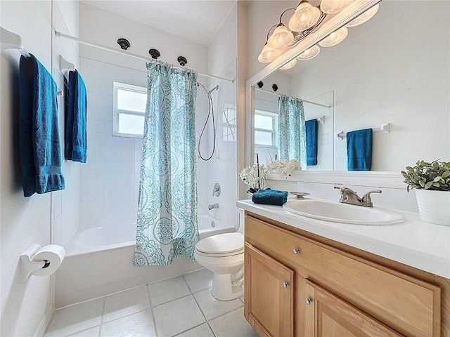 full bathroom featuring tile patterned floors, toilet, shower / tub combo, and vanity