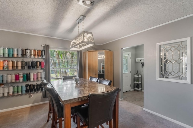 carpeted dining area with crown molding and a textured ceiling