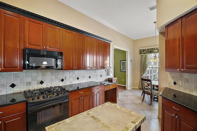 kitchen featuring backsplash, hanging light fixtures, ornamental molding, light tile patterned floors, and black appliances