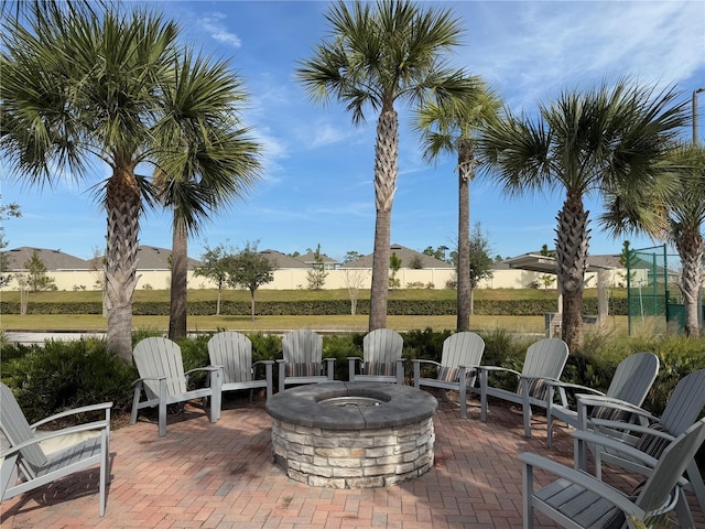 view of patio / terrace with a fire pit