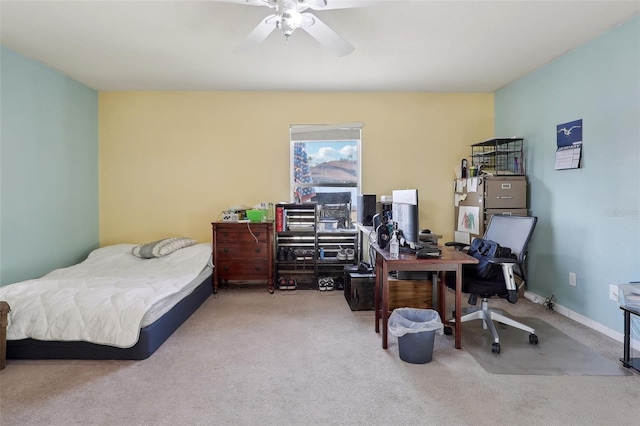 bedroom with ceiling fan, baseboards, and light colored carpet