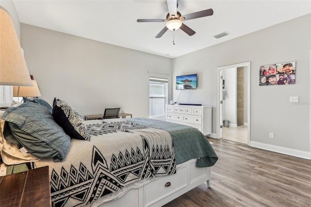 bedroom featuring ceiling fan and wood-type flooring