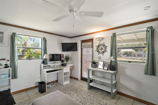 tiled office space with ceiling fan and ornamental molding