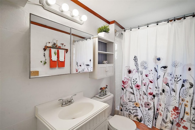 full bathroom featuring vanity, shower / bath combination with curtain, and toilet