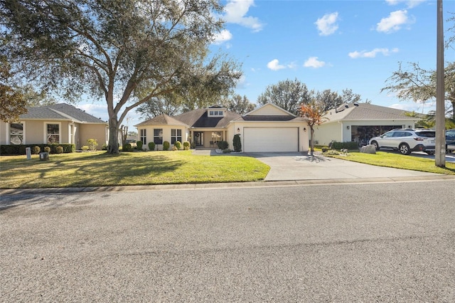 ranch-style home with a garage and a front lawn