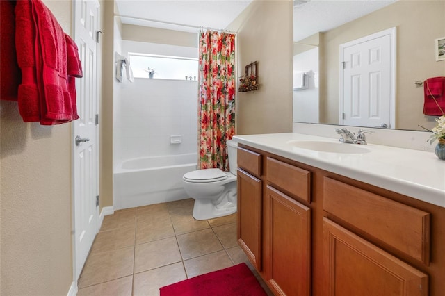 full bathroom featuring shower / tub combo with curtain, tile patterned floors, toilet, and vanity