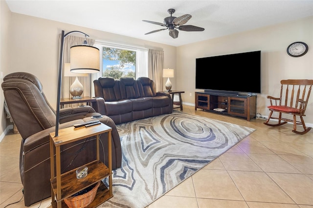 tiled living room featuring ceiling fan