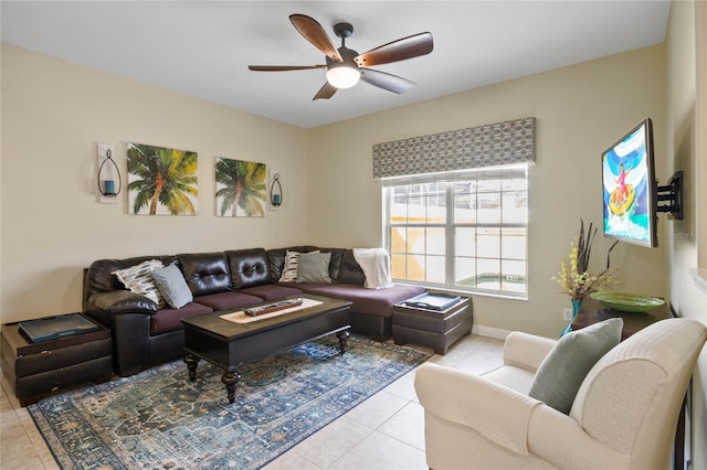 tiled living room featuring ceiling fan