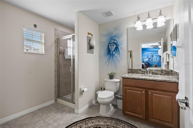 bathroom featuring vanity, tile patterned flooring, a shower with shower door, and toilet