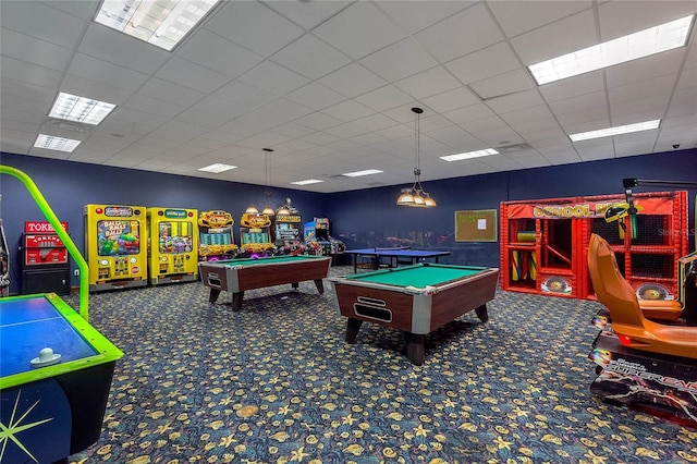 game room featuring a paneled ceiling, billiards, and carpet