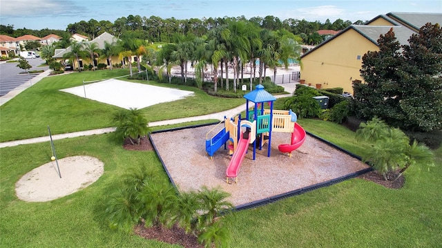 view of play area featuring a yard and volleyball court