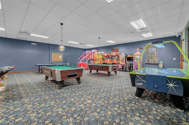 game room with dark colored carpet, a drop ceiling, and billiards