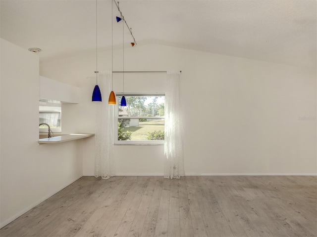 unfurnished room featuring vaulted ceiling and light hardwood / wood-style floors