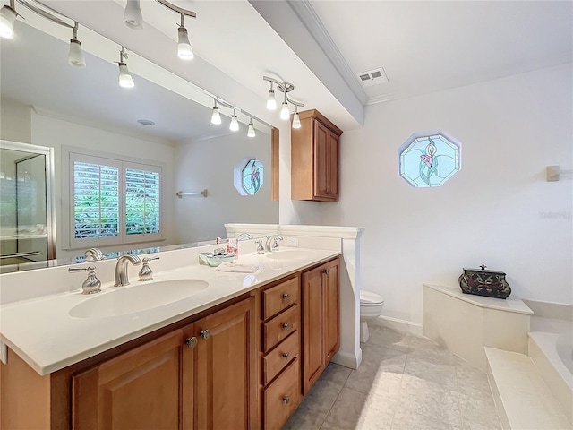 full bathroom with vanity, plus walk in shower, ornamental molding, and toilet