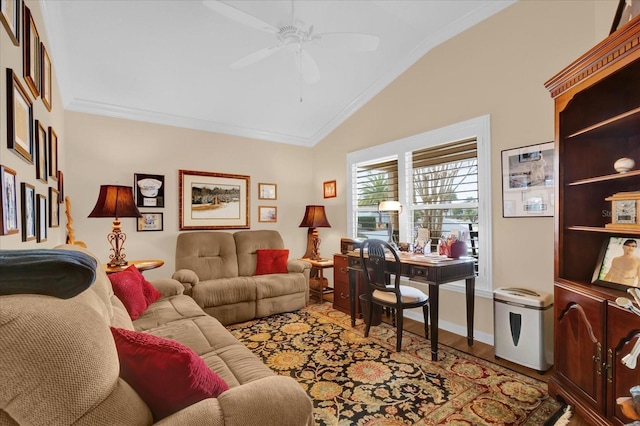 living room featuring crown molding, lofted ceiling, wood-type flooring, and ceiling fan