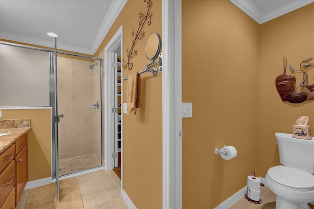 bathroom featuring walk in shower, ornamental molding, toilet, and tile patterned flooring