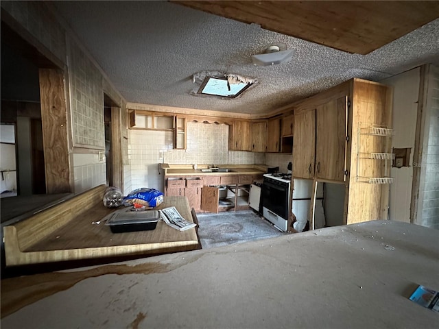 kitchen featuring sink, white gas range oven, and a textured ceiling