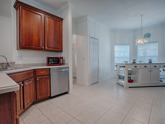 kitchen featuring pendant lighting, light countertops, stainless steel dishwasher, ornamental molding, and a sink