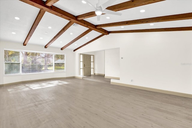 unfurnished living room featuring light wood finished floors, baseboards, ceiling fan, vaulted ceiling with beams, and recessed lighting