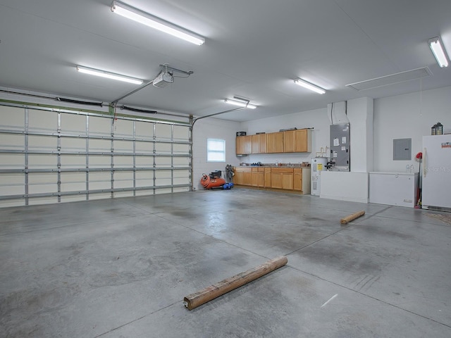 garage featuring a garage door opener, water heater, electric panel, heating unit, and white fridge