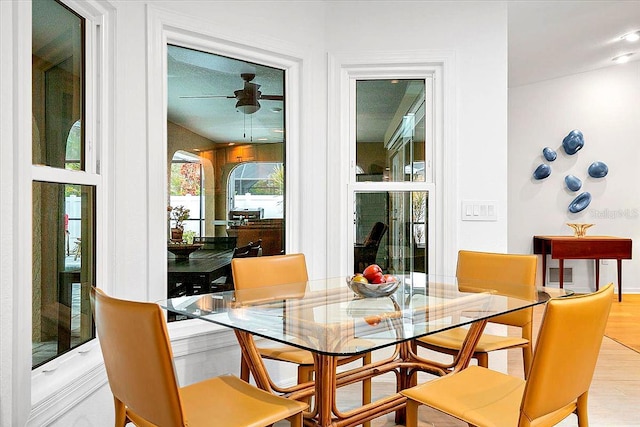 dining area with ceiling fan and light hardwood / wood-style flooring