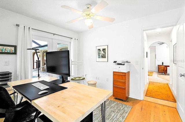 office area featuring light hardwood / wood-style floors and ceiling fan