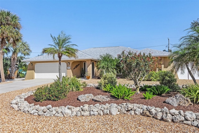 view of front of house featuring a garage, concrete driveway, and stucco siding