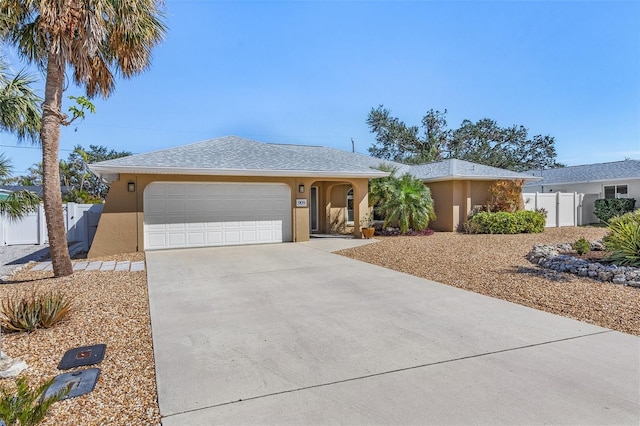 single story home with a garage, fence, concrete driveway, and stucco siding