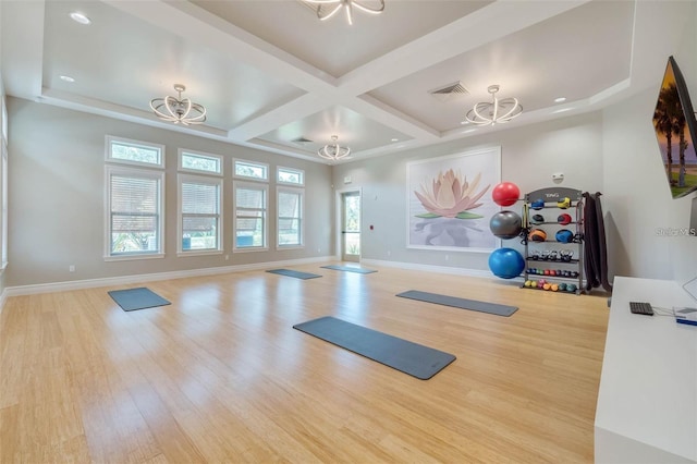 exercise room featuring coffered ceiling, light wood-type flooring, and an inviting chandelier