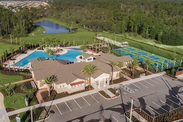 aerial view featuring a water view