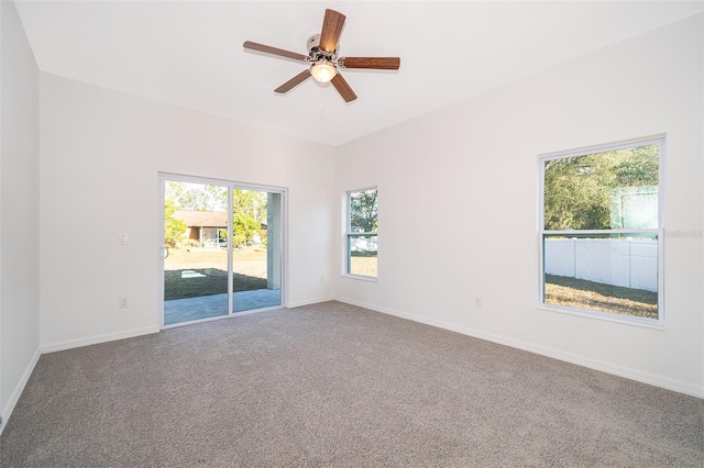 unfurnished room with carpet floors and ceiling fan