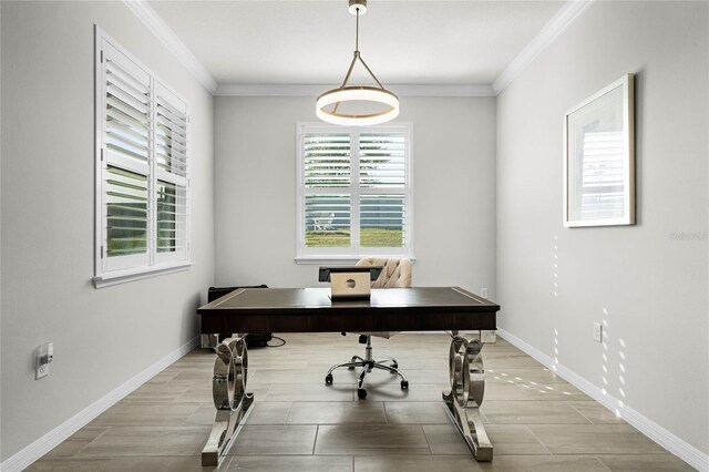 home office with ornamental molding