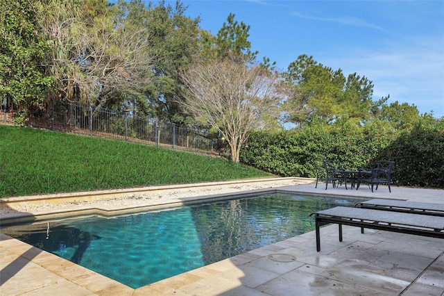 view of swimming pool with a yard and a patio area