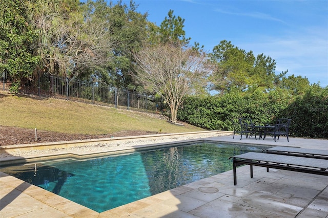 view of swimming pool with a yard and a patio area