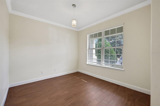 empty room featuring ornamental molding and dark hardwood / wood-style floors