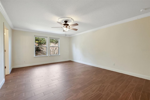 unfurnished room featuring crown molding, dark hardwood / wood-style floors, a textured ceiling, and ceiling fan