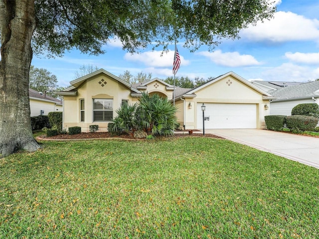 single story home featuring driveway, a front lawn, and stucco siding